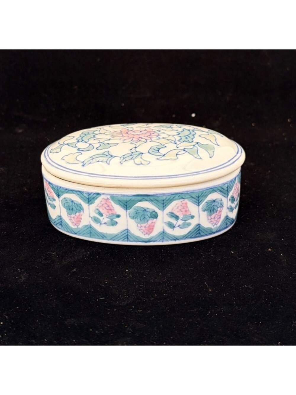 Vintage China Porcelain Trinket Box Painted with Lid Oval Floral Grapes Design